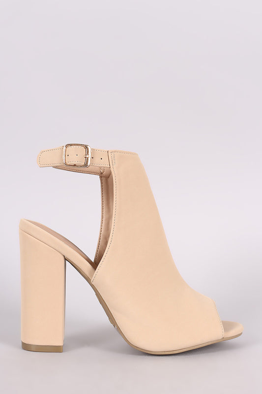 Bamboo Nubuck Peep Toe Chunky Mule Booties
