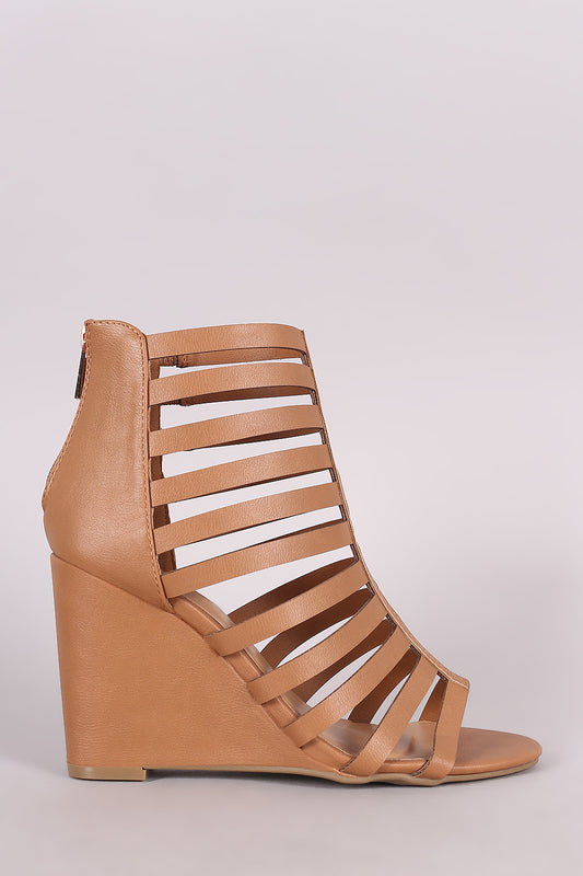 Bamboo Strappy Caged Open Toe Wedge