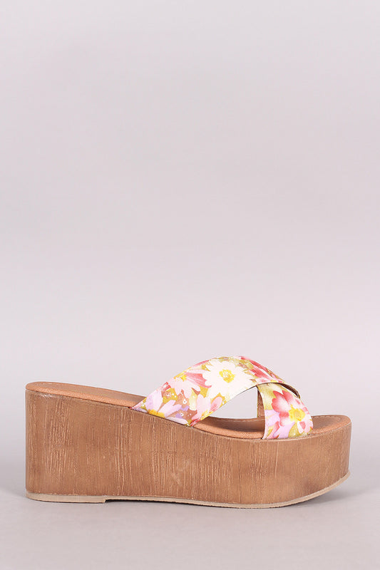 Qupid Flower Print Crisscross Flatform Wedge Sandal