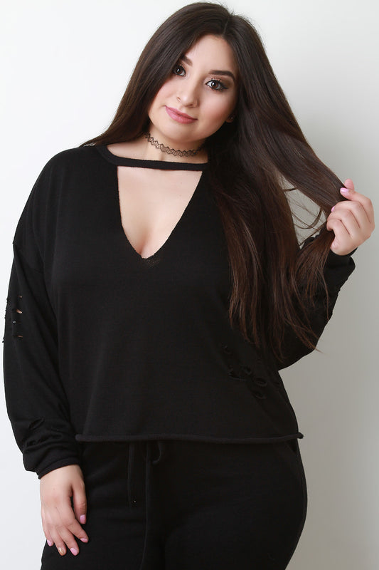 Distressed French Terry Cutout V-Neck Top