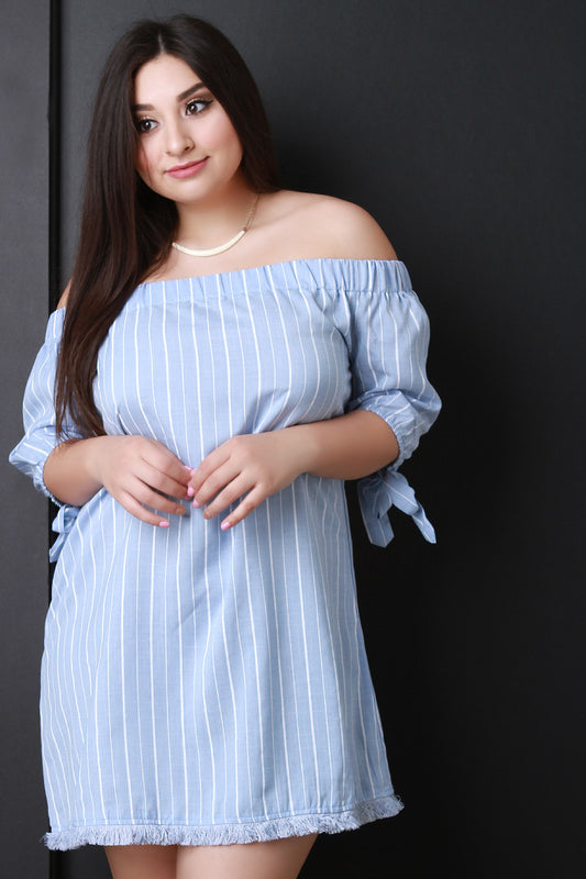 Striped Off The Shoulder Self Tie Mini Dress