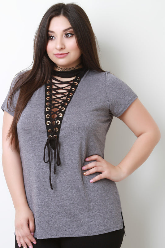 Corset Lace Up Short Sleeve Choker Top
