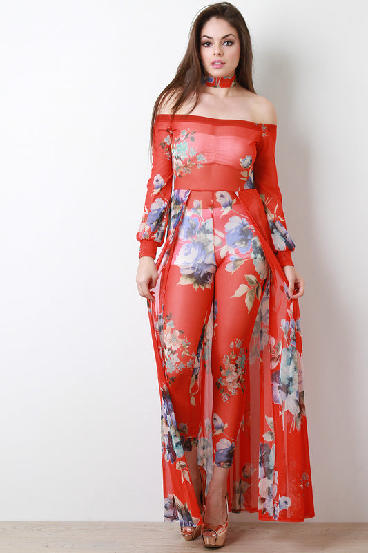 Semi-Sheer Floral Mesh Choker Jumpsuit Maxi Dress