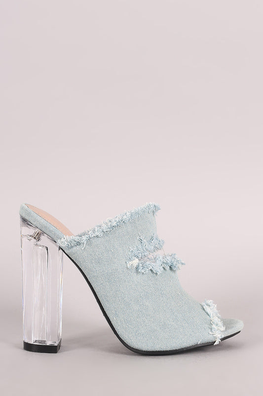 Shoe Republic LA Slit Frayed Denim Mule Chunky Perspex Heel