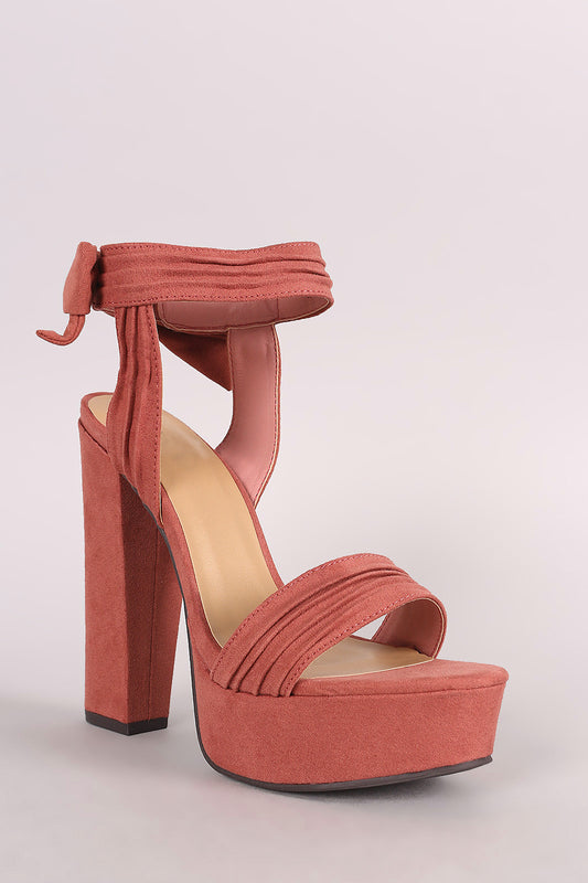 Bamboo Ruched Suede Bow Ankle Cuff Chunky Platform Heel