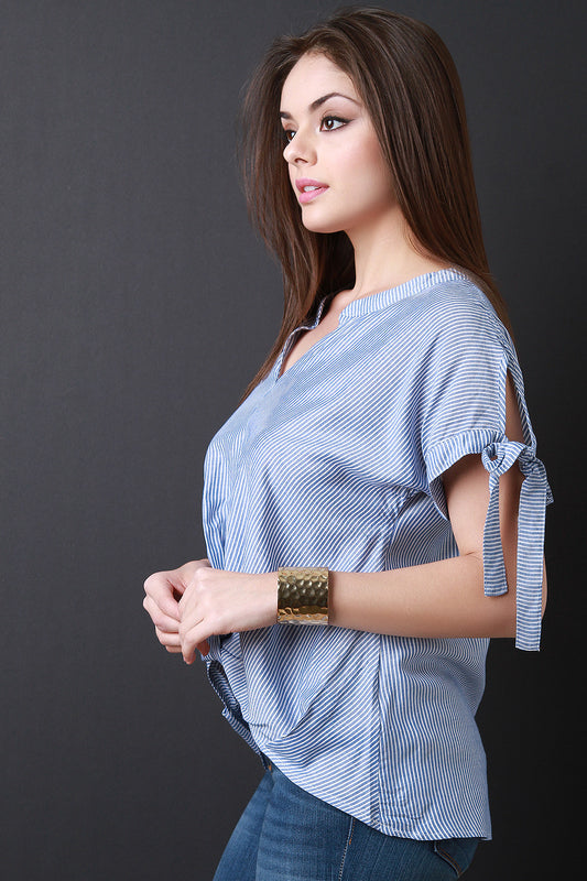 Twisted Front Self-Tie Sleeve Striped Top