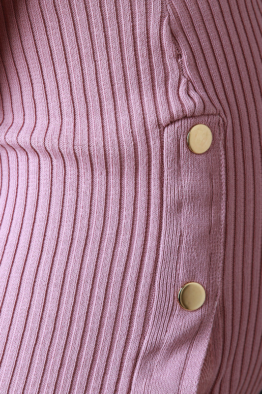 Ribbed Knit Button Up Side Slit Midi Dress