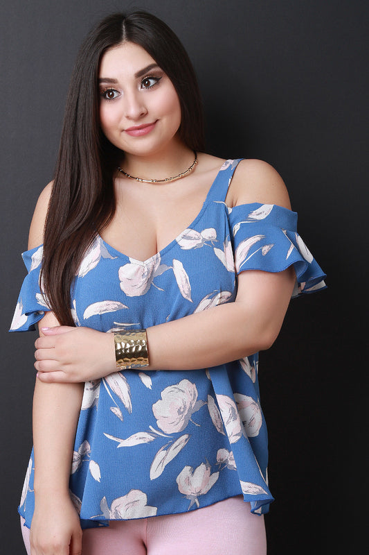 Textured Floral Cold Shoulder Flowy Top