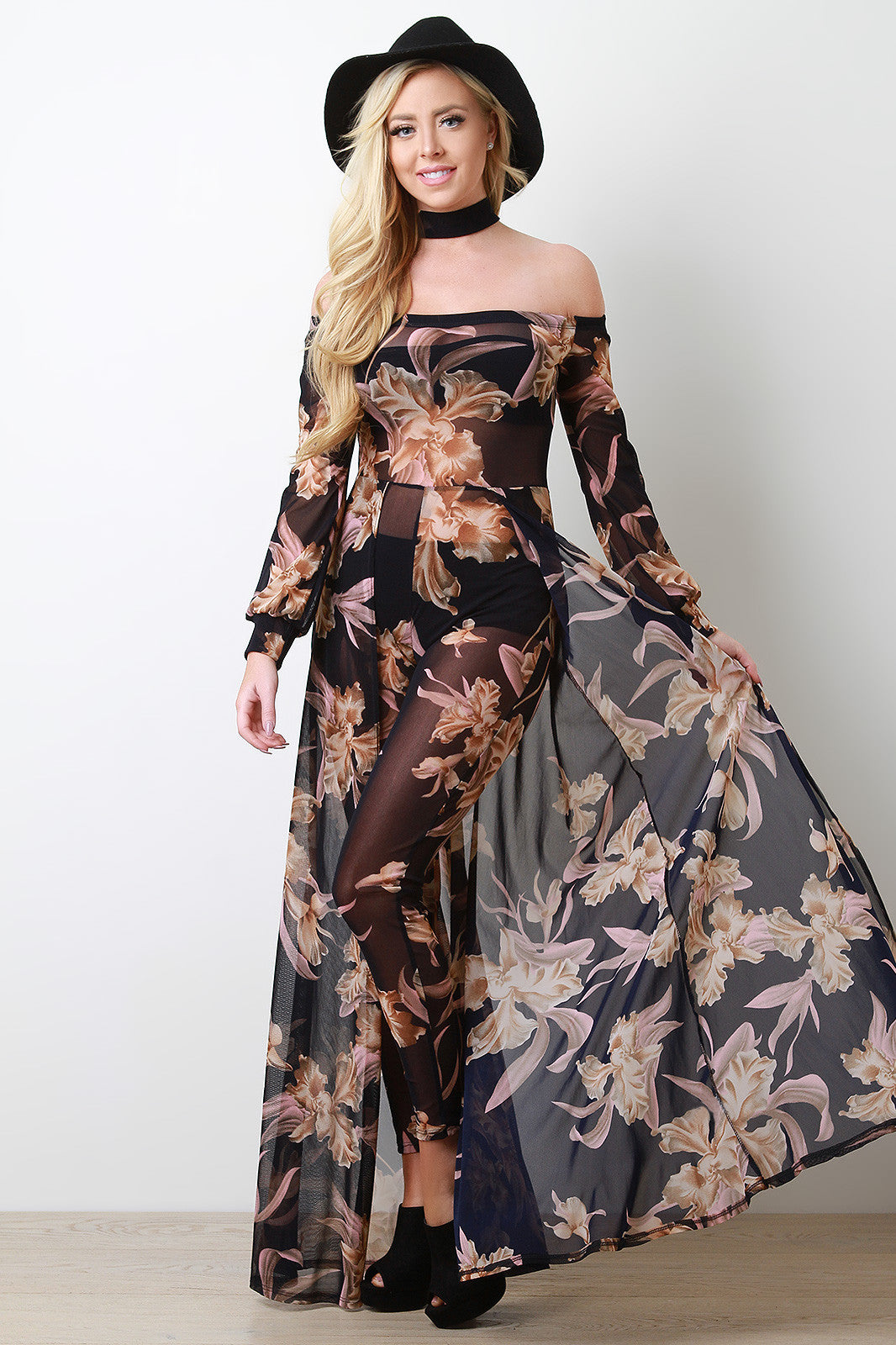 Bardot Floral Mesh Choker Jumpsuit Maxi Dress