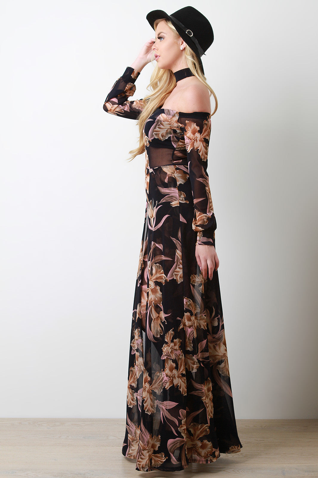 Bardot Floral Mesh Choker Jumpsuit Maxi Dress
