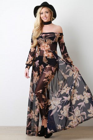 Bardot Floral Mesh Choker Jumpsuit Maxi Dress