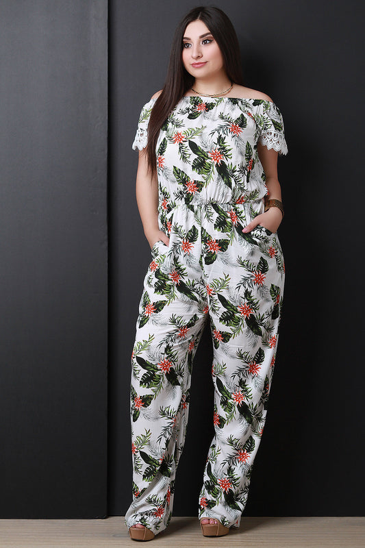 Tropical Print Short Sleeve Pocketed Jumpsuit