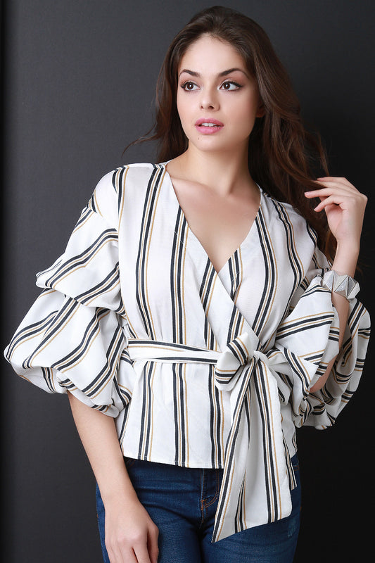Striped Surplice Bubble Sleeve Top