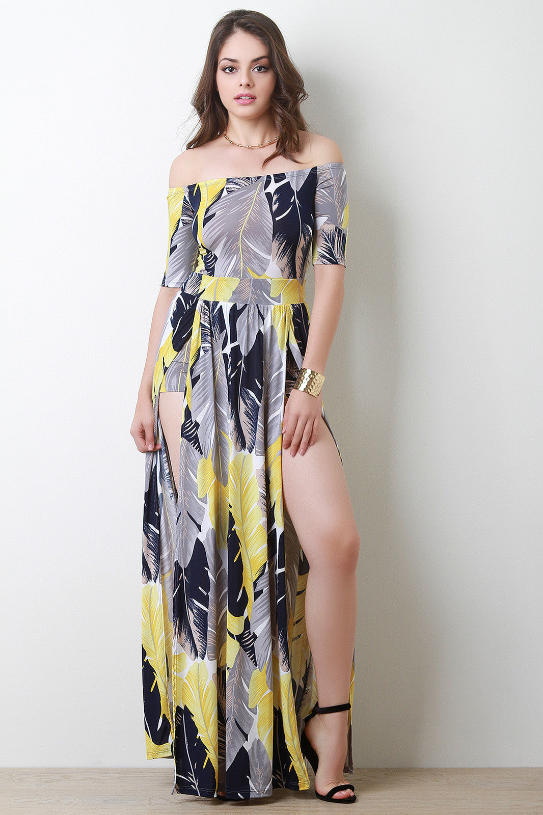 Bardot Feather Front Slit Romper Maxi Dress