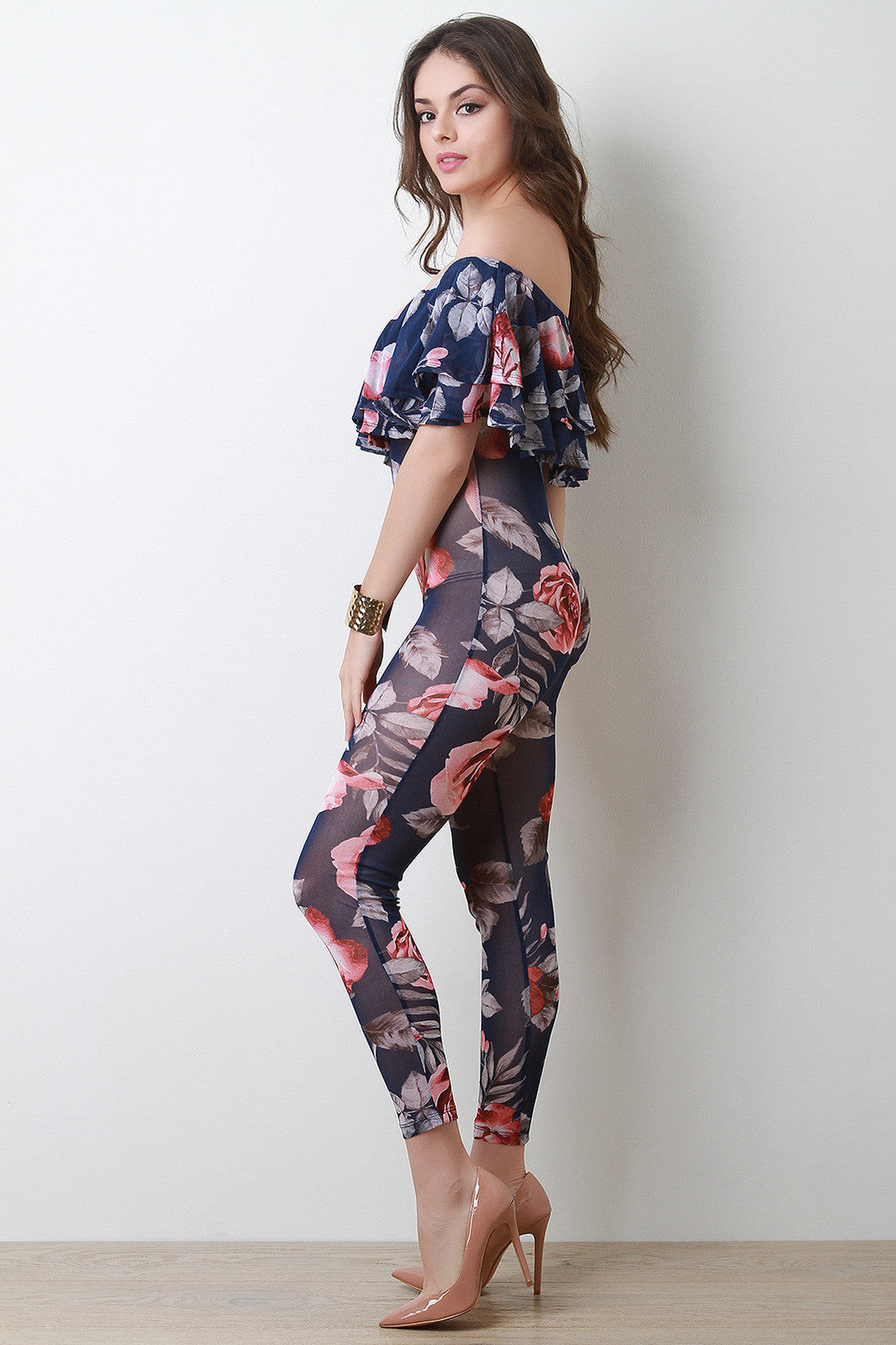 Bardot Tiered Ruffle Semi-Sheer Floral Jumpsuit