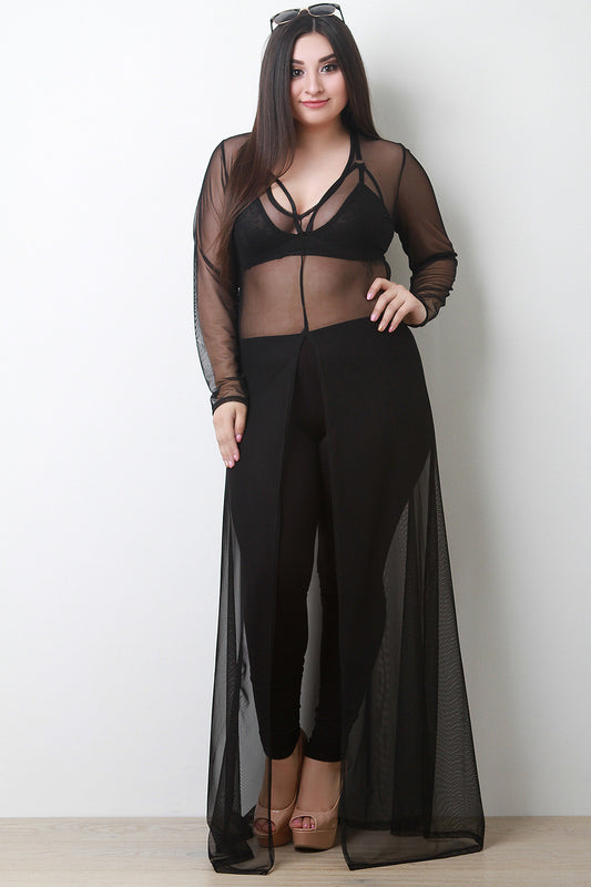 Semi-Sheer Mesh Long Sleeve Slit Cover-Up Maxi Dress