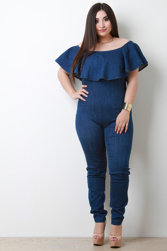 Denim Off-The-Shoulder Ruffle Jumpsuit