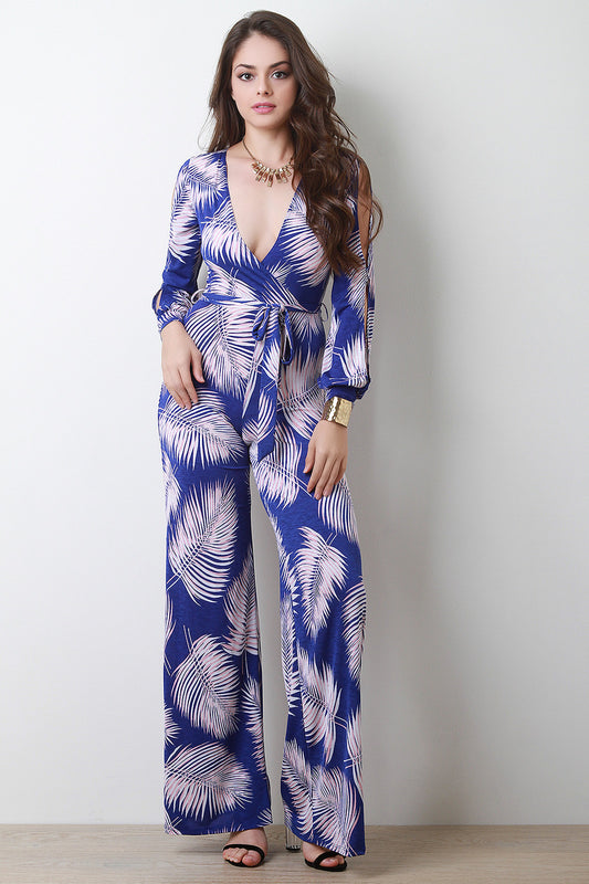 Palm Leaf Print Surplice Wide Leg Jumpsuit