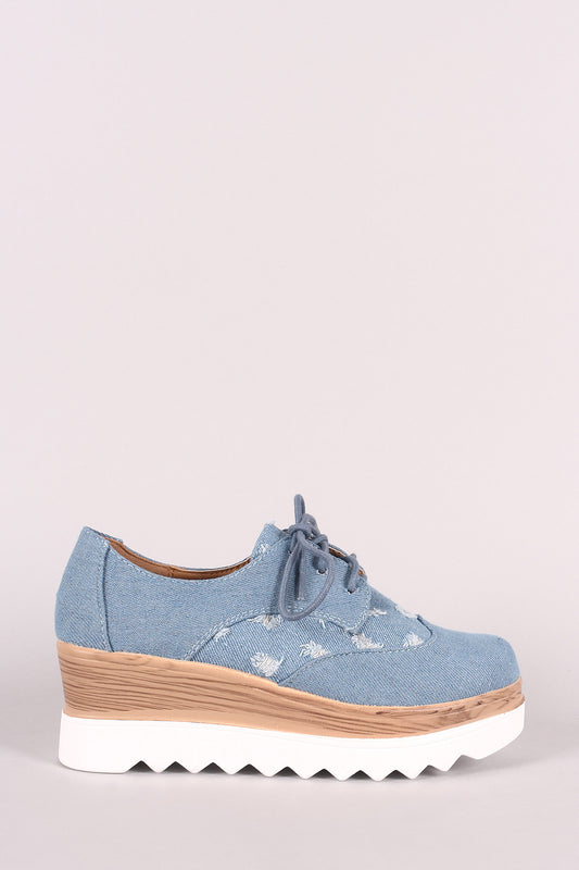 Distressed Denim Lace Up Lug Sole Oxford Platform Wedge