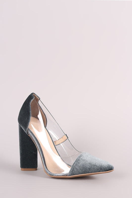 Qupid Crushed Velvet Lucite Inset Chunky Heeled Pump