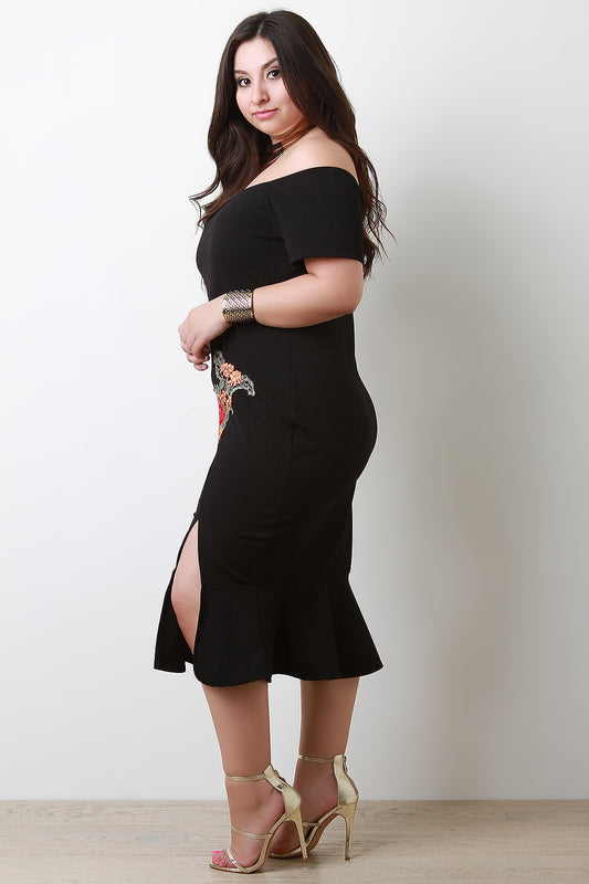 Embroidery Floral Off-The-Shoulder Slit Peplum Dress