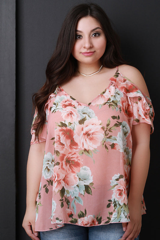 Floral Chiffon Cold Shoulder Tiered Ruffle Top