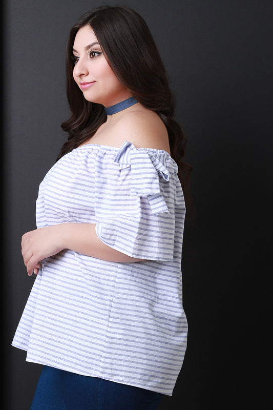 Striped Off The Shoulder Tie Short Sleeves Top