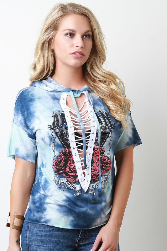 Tie Dye Hooded Graphic Print Lace-Up Top