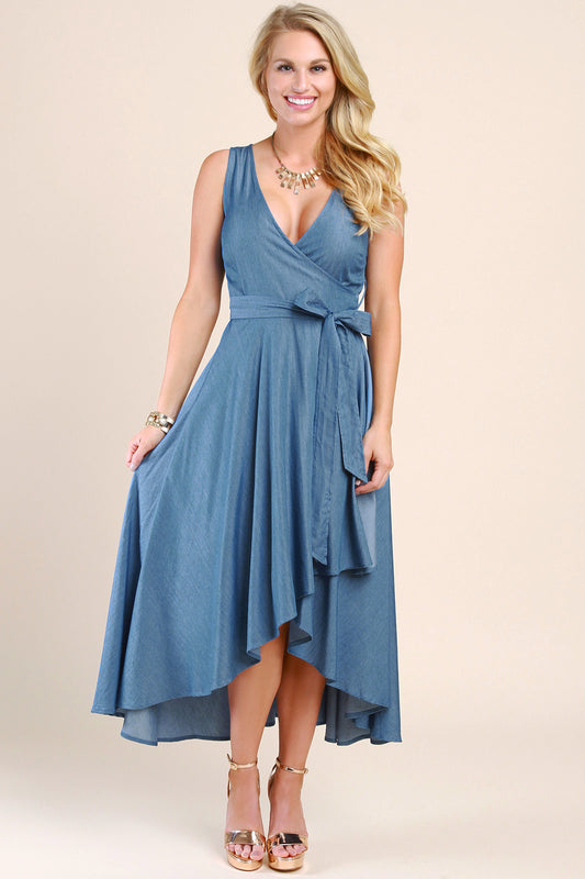 Sleeveless Chambray Wrap High Low Dress