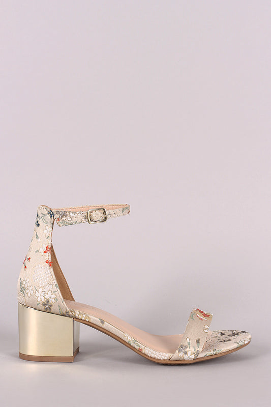 City Classified Embroidery Floral Ankle Strap Metallic Block Heel