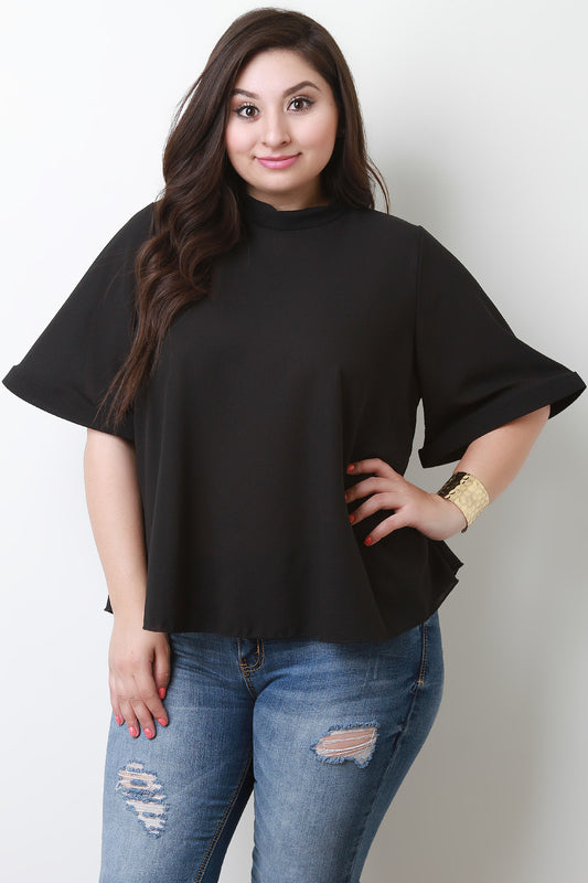 Textured Mock Neck Flared Sleeve Top