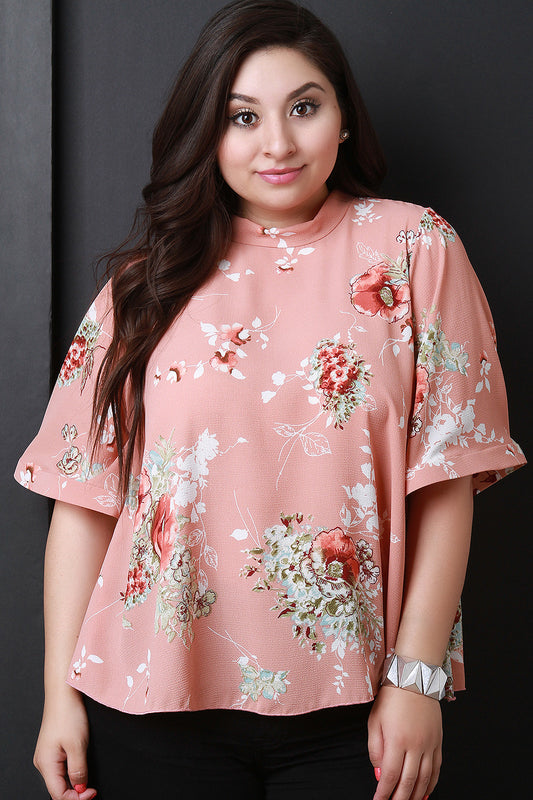 Floral Textured Mock Neck Flared Sleeve Top