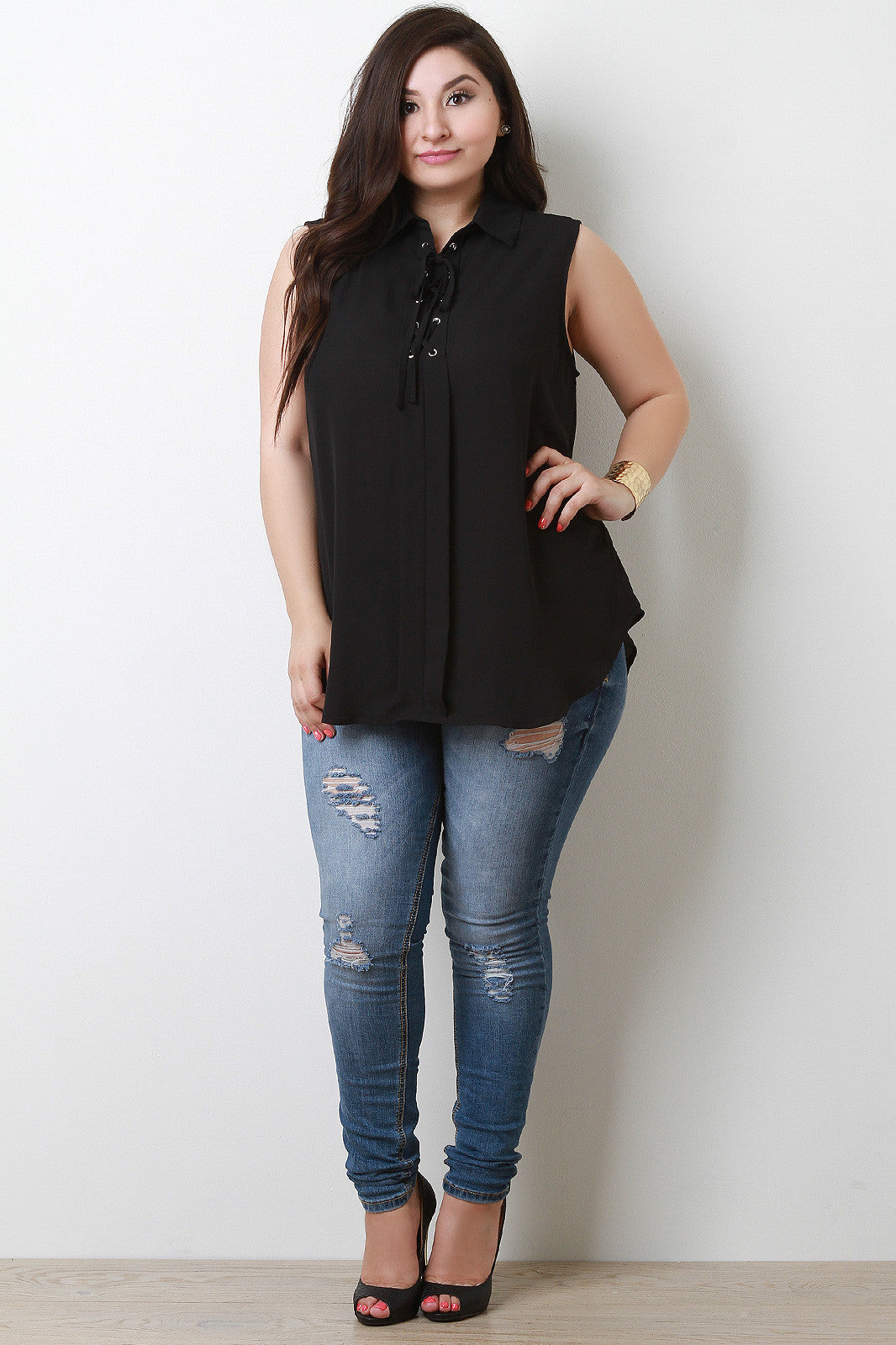 Chiffon Collar Lace-Up Sleeveless Round Top