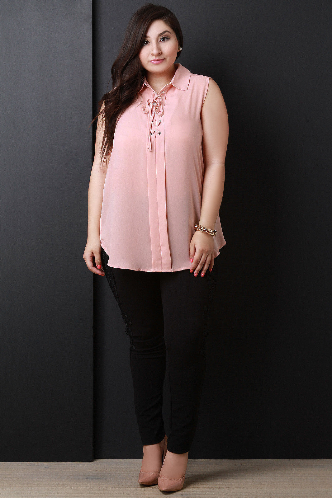 Chiffon Collar Lace-Up Sleeveless Round Top