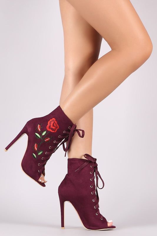 Suede Embroidered Rosette Lace Up Stiletto Ankle Boots