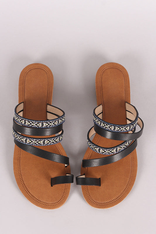 Tribal Embroidery Toe Ring Strappy Slip-On Sandal