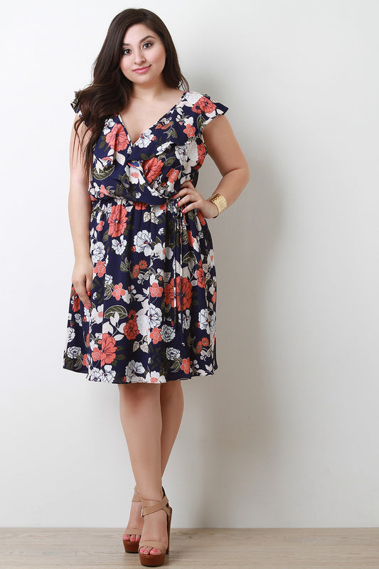 Floral Flutter Surplice Self-Tie Midi Dress