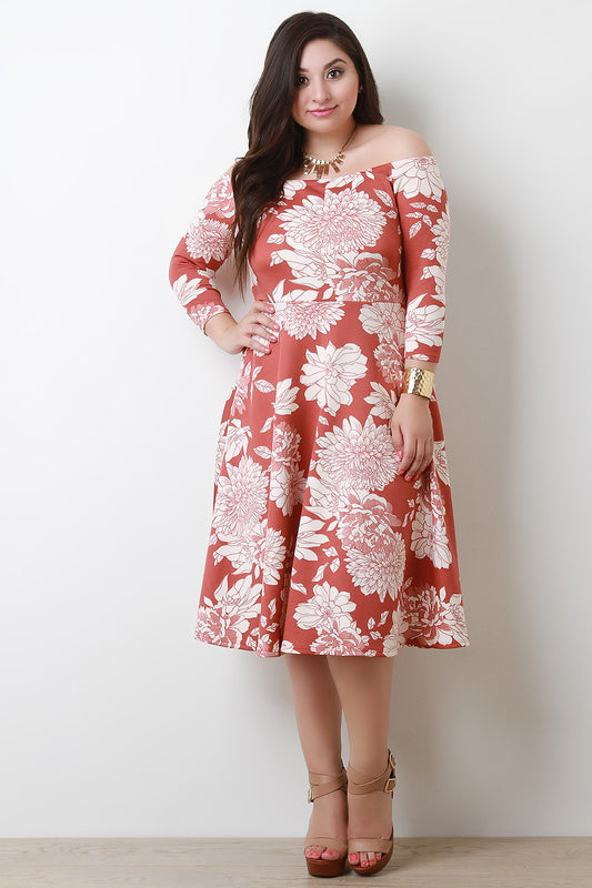 Floral Bardot A-Line Midi Dress