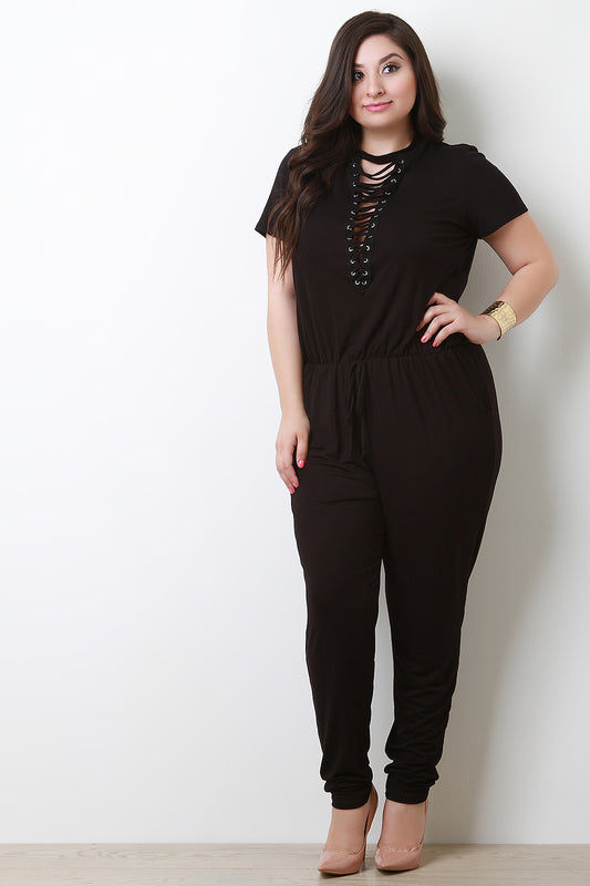 Mock Neck Lace-Up Jersey Knit Jumpsuit
