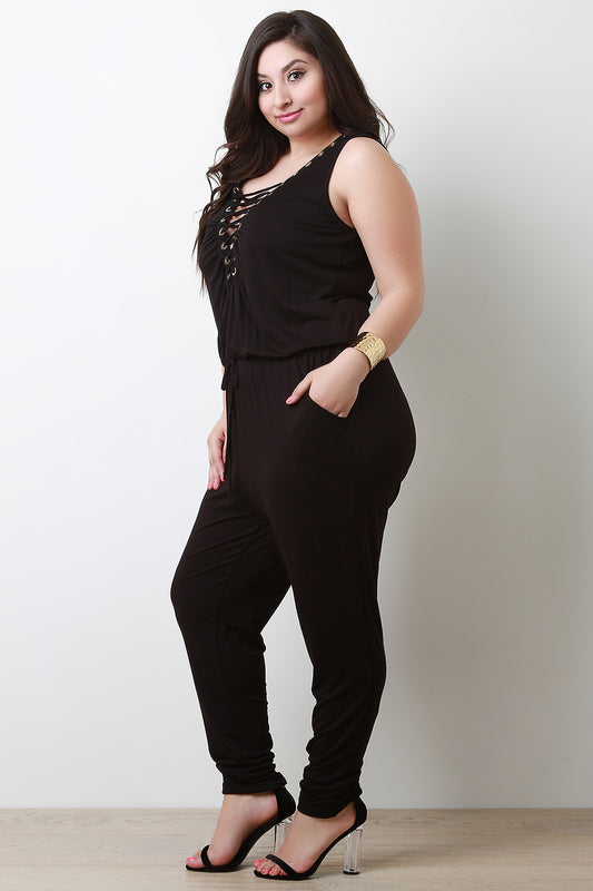 V-Neck Lace-Up Sleeveless Jersey Knit Jumpsuit