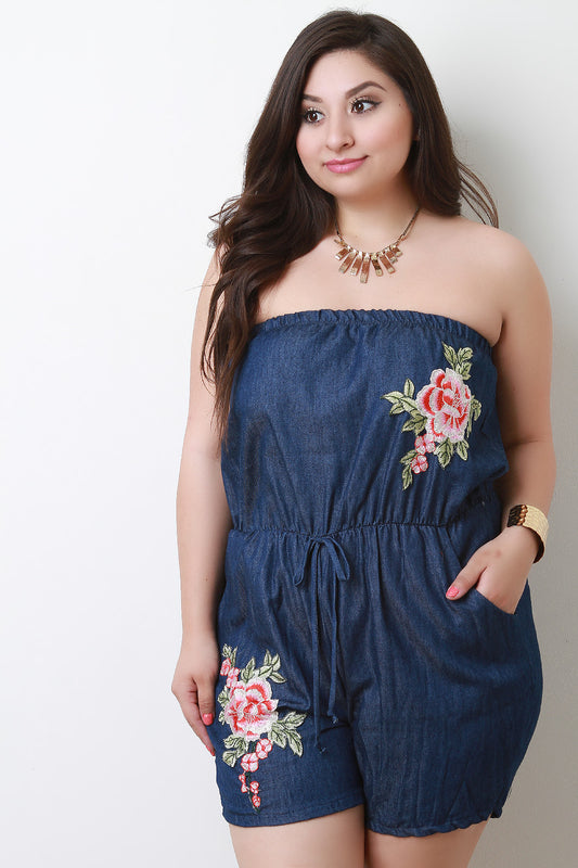 Floral Applique Tube Denim Romper