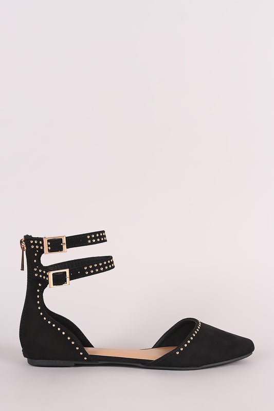 Bamboo Studded Suede Ankle Strap Pointy Toe Flat