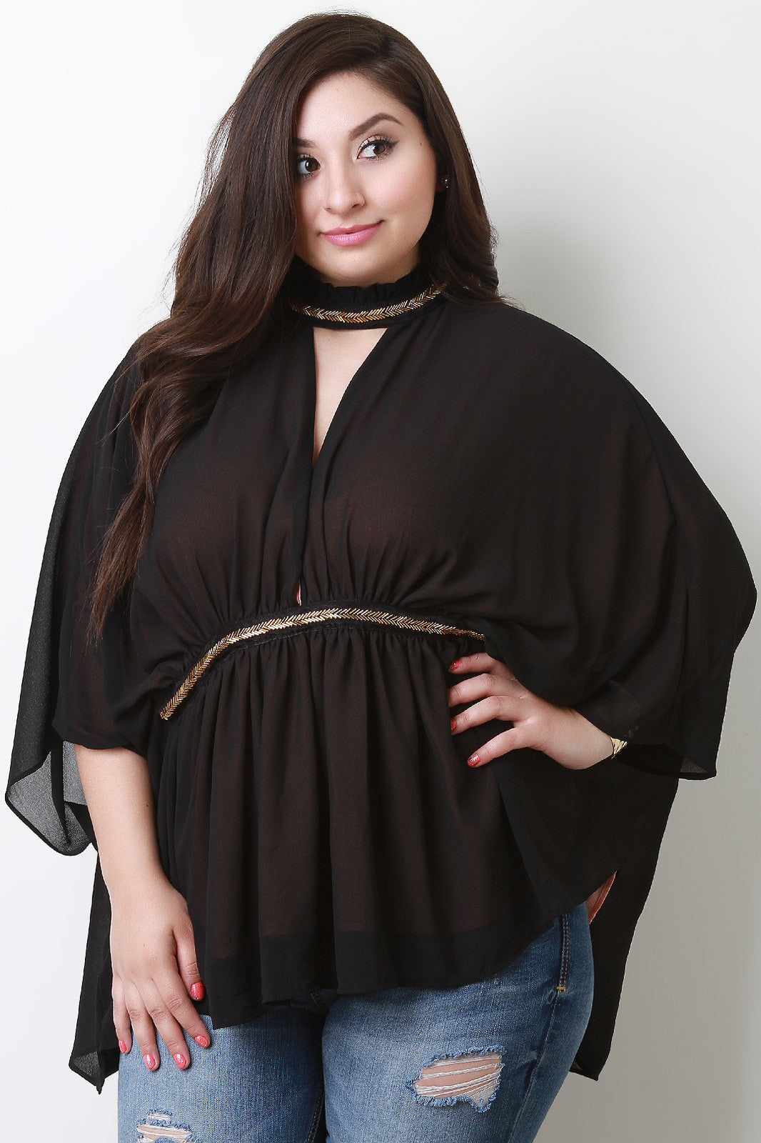 Chiffon Beaded Keyhole Mock Neck Poncho Top