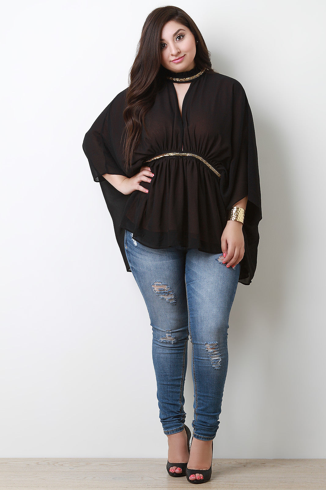 Chiffon Beaded Keyhole Mock Neck Poncho Top