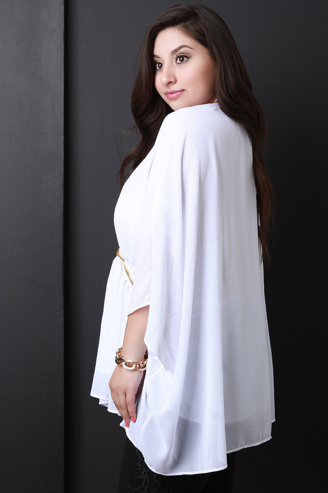 Chiffon Beaded Keyhole Mock Neck Poncho Top