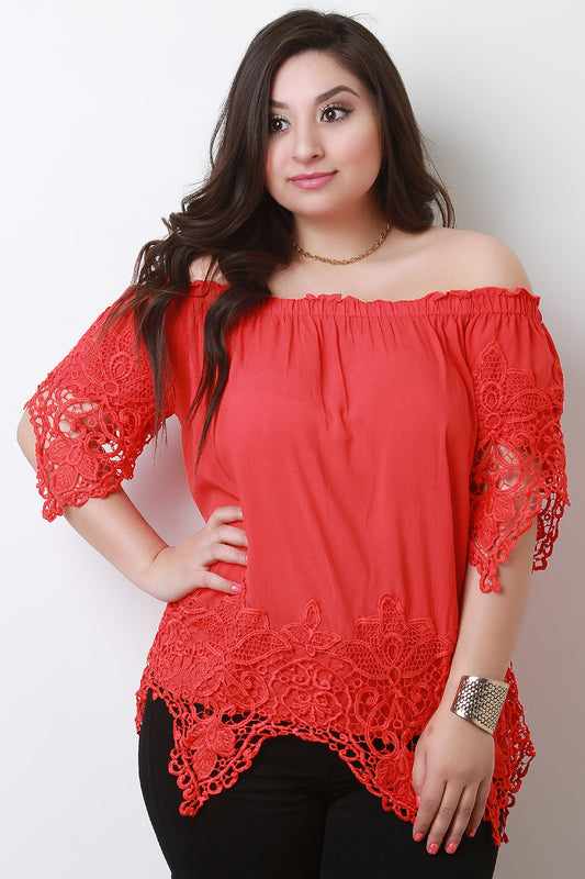 Off-The-Shoulder Lace Trim Short Sleeves Top