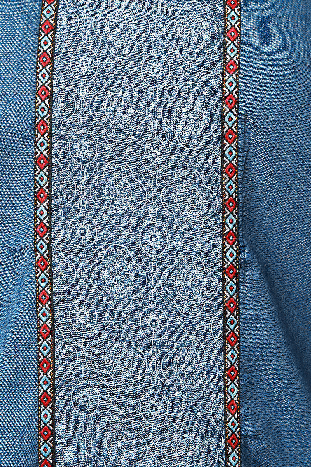 Chambray Printed Border Off-The-Shoulder Shift Dress