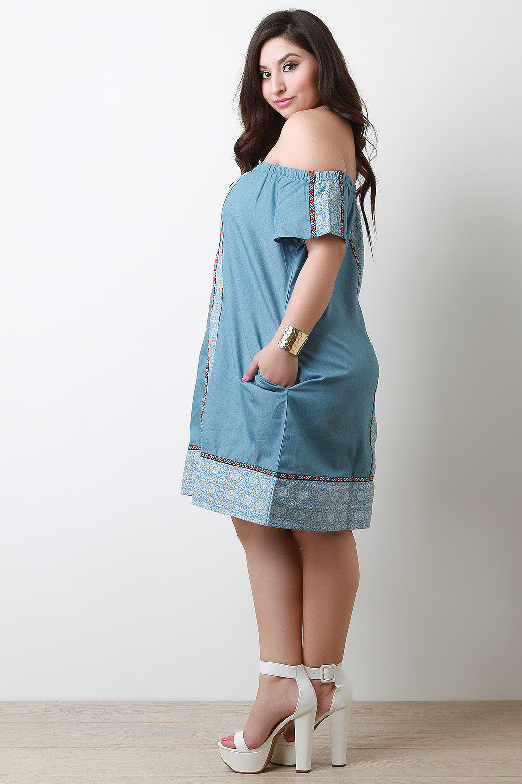 Chambray Printed Border Off-The-Shoulder Shift Dress