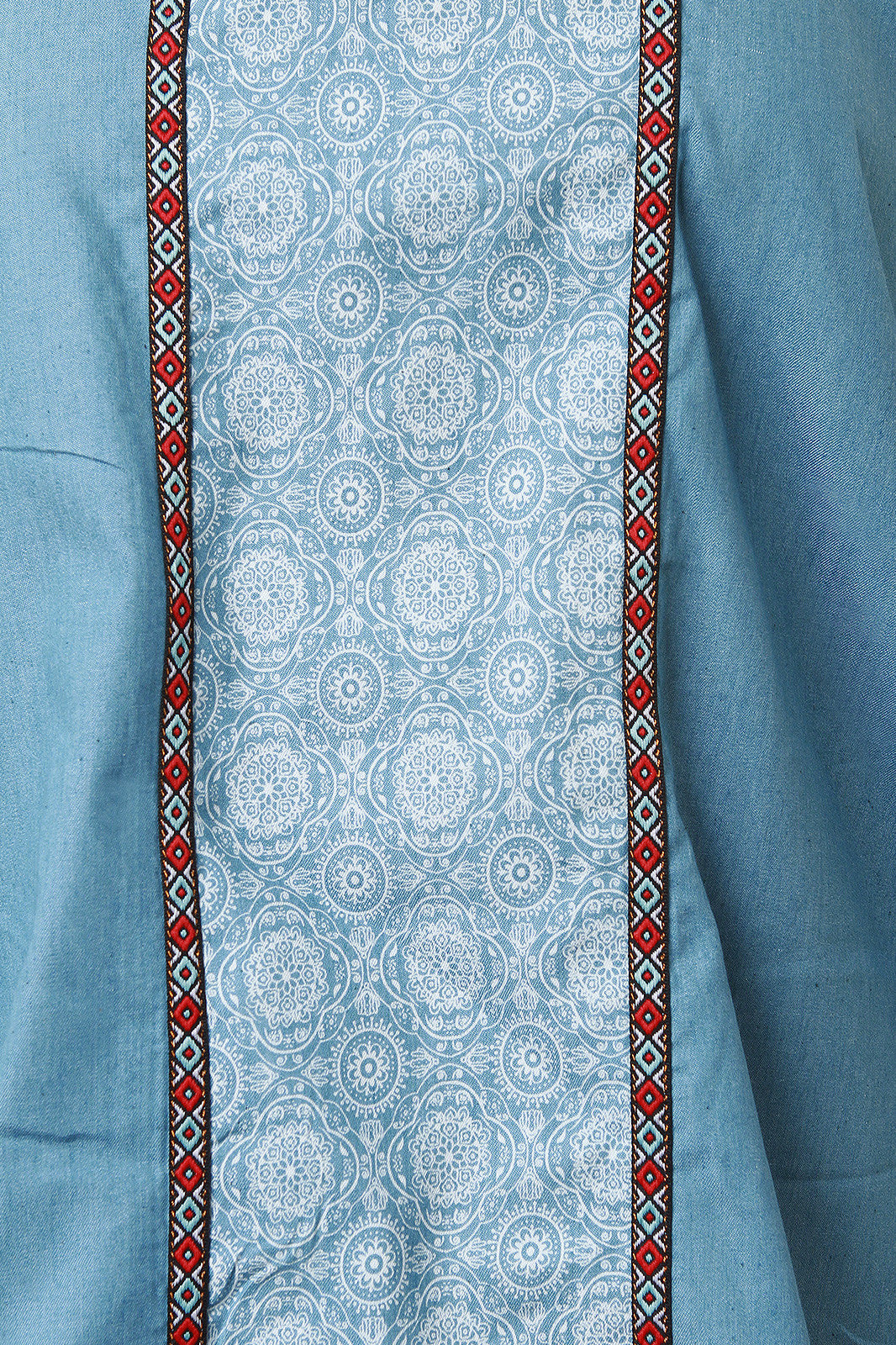 Chambray Printed Border Off-The-Shoulder Shift Dress