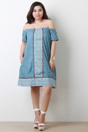 Chambray Printed Border Off-The-Shoulder Shift Dress